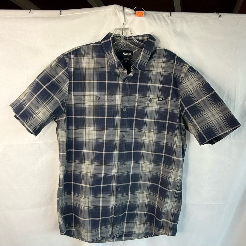 FOX Men's Size Medium Navy and White Plaid Button Down Shirt Short Sleeve EUC